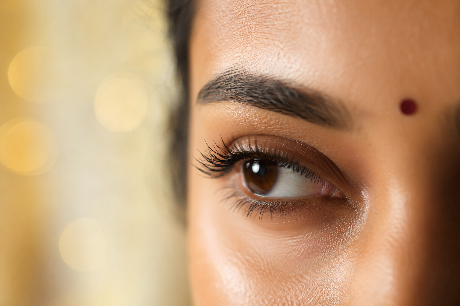 Close-up of softly lifted, curled natural eyelashes