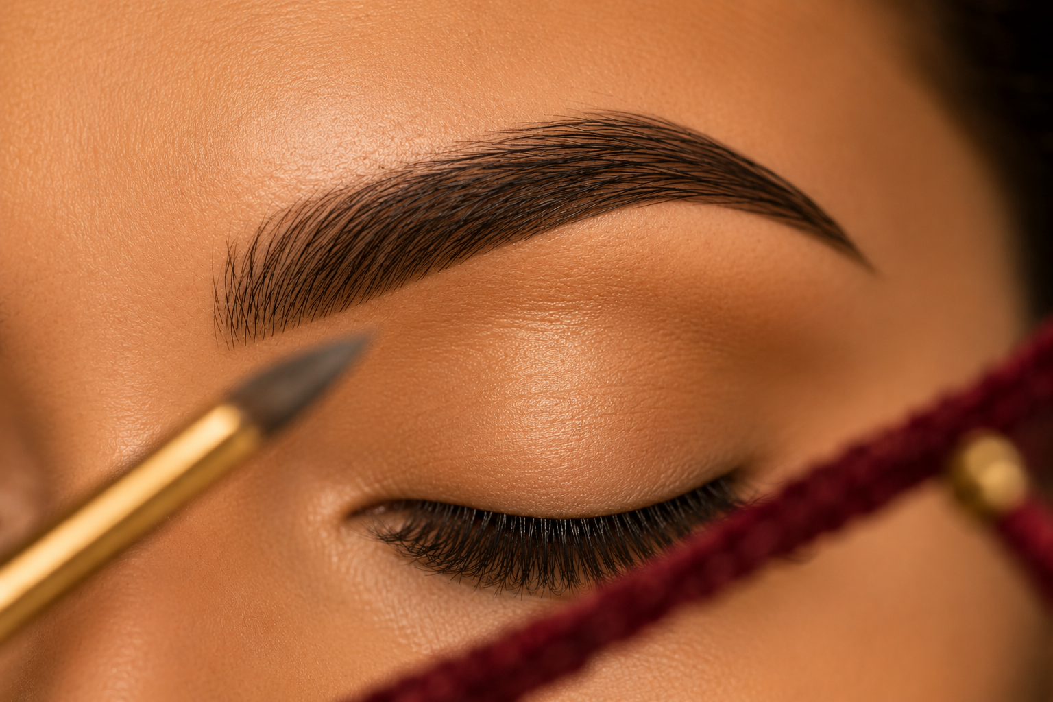 Two symmetrical, defined eyebrows with fine brow-mapping detail
